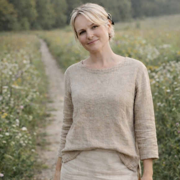 Click Tops - Click Women’s 100% Linen Top Light Brown Boho Blouse Size L